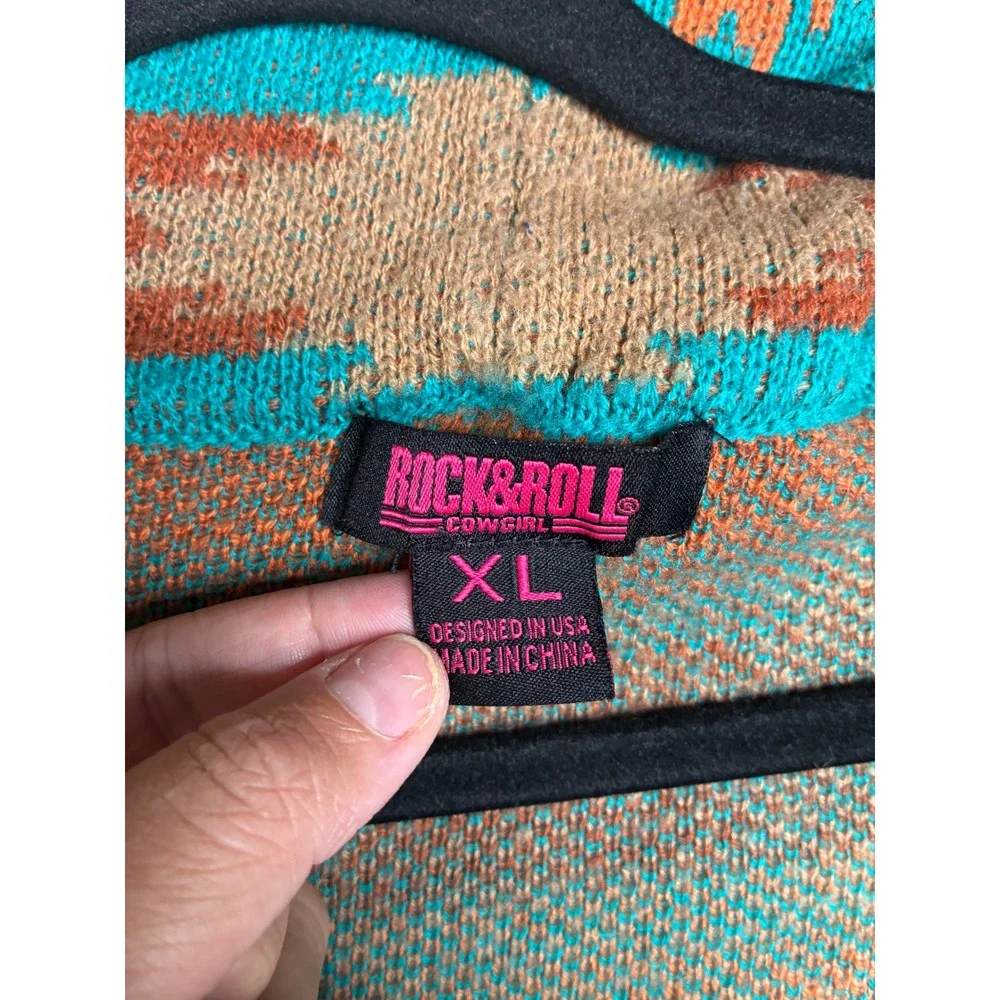 Rock and Roll Cowgirl XL Southwestern Aztec Open Front Cardigan Orange Teal Tan - Picture 5 of 10